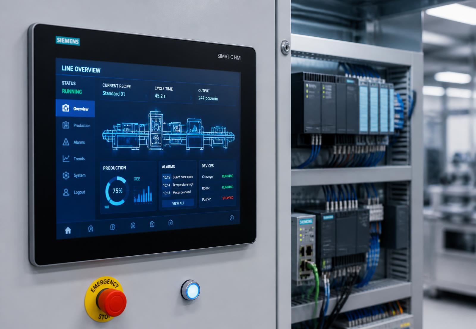 Panel operatorski HMI i sterowniki PLC w szafie sterowniczej maszyny
