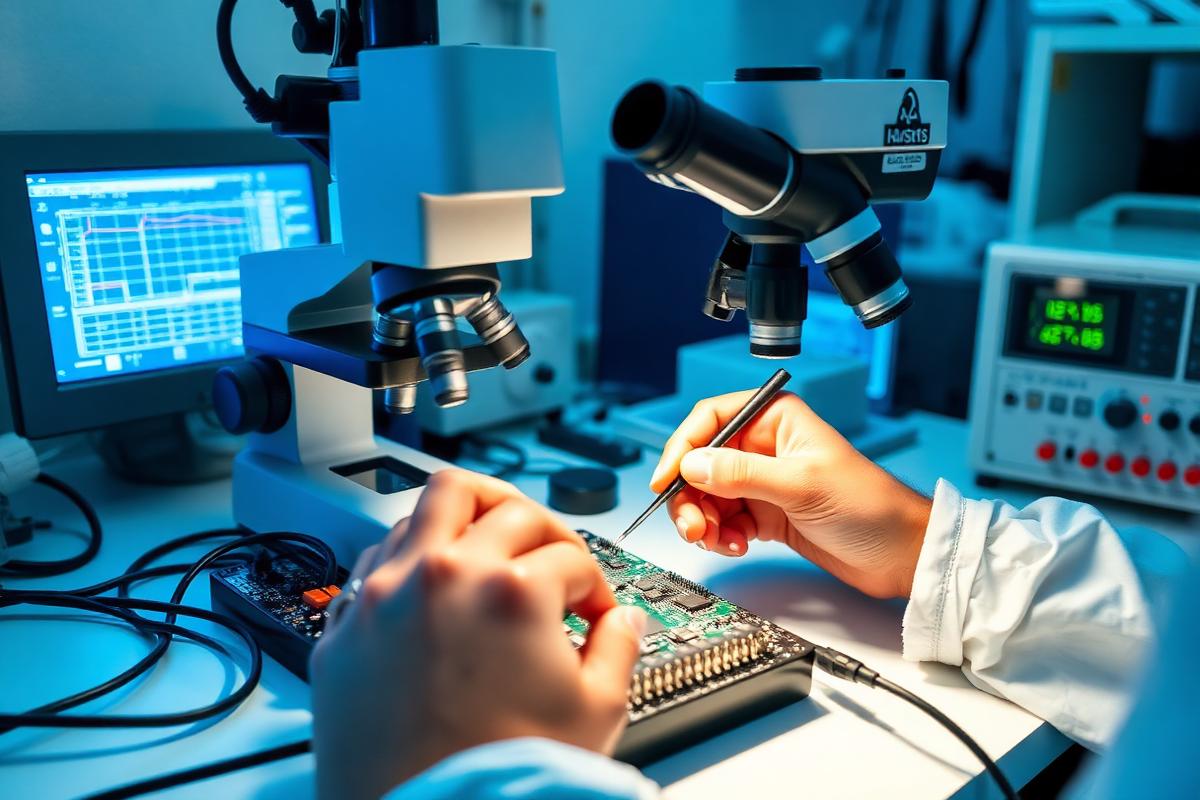 Stanowisko diagnostyczne z mikroskopem i pomiarami na płycie PCB